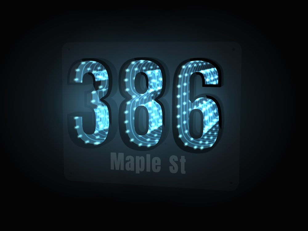 House number 386 in glowing infinity numbers on a plate with the street name