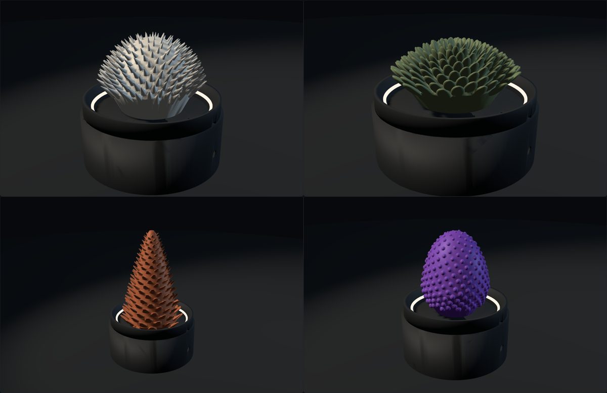 Four golden-spiral bloom sculptures on strobe bases