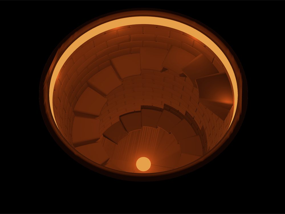 Looking down a round brick stairwell lit by a ring of light