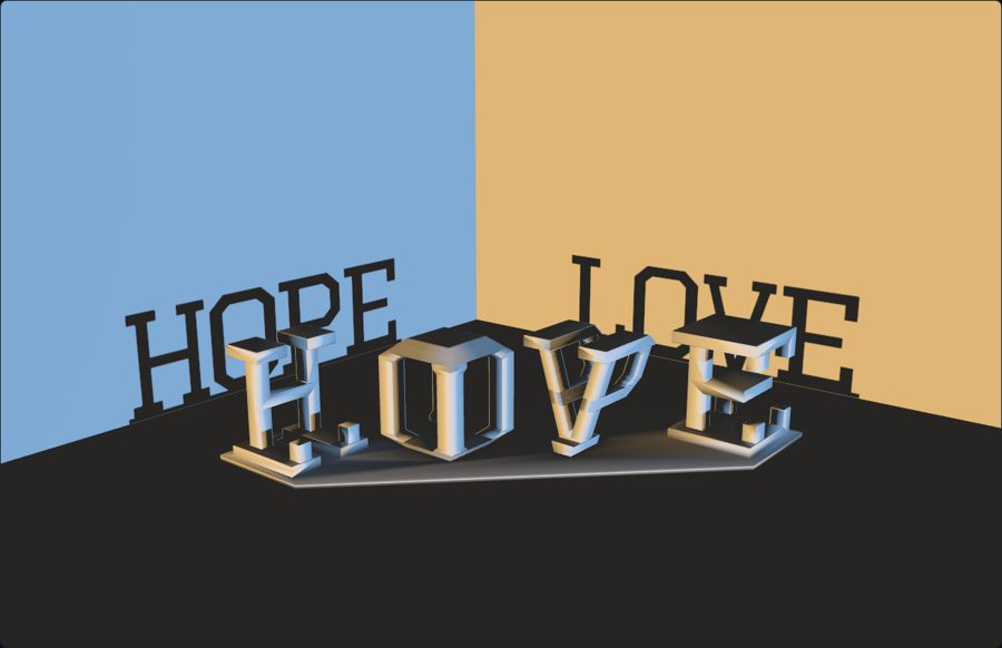 Two-word shadow sculpture casting HOPE and LOVE